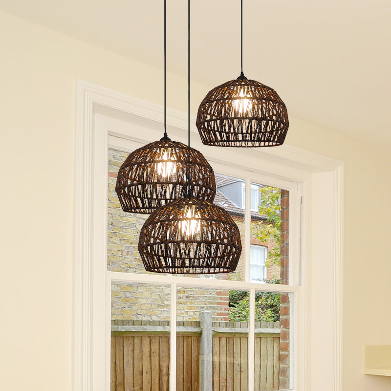 1/3-Bulb Corridor Hanging Light Fixture with Domed Rattan Shade Black/Beige Suspended Lamp Clearhalo 'Ceiling Lights' 'Pendant Lights' 'Pendants' Lighting' 613405