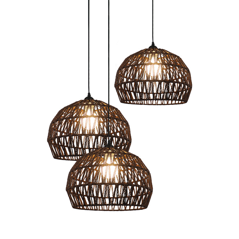 1/3-Bulb Corridor Hanging Light Fixture with Domed Rattan Shade Black/Beige Suspended Lamp Clearhalo 'Ceiling Lights' 'Pendant Lights' 'Pendants' Lighting' 613406