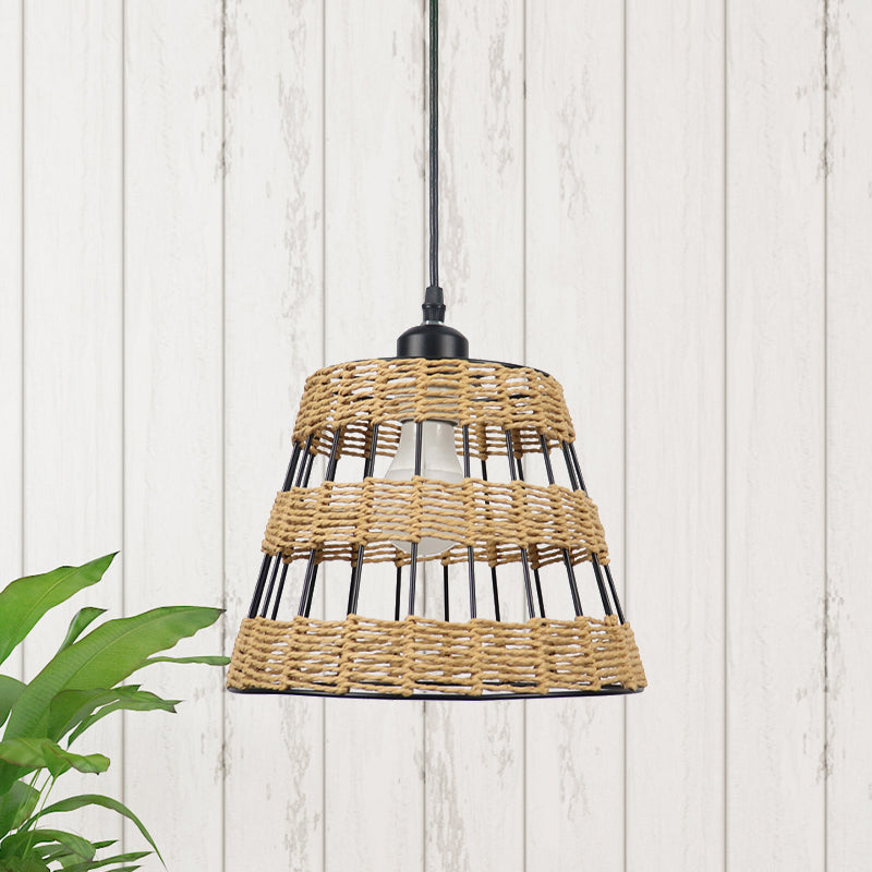 Asian Style Cone Hanging Light Fixture Metal and Rattan 1/3-Head Restaurant Pendant Lamp in Beige Clearhalo 'Ceiling Lights' 'Pendant Lights' 'Pendants' Lighting' 613479