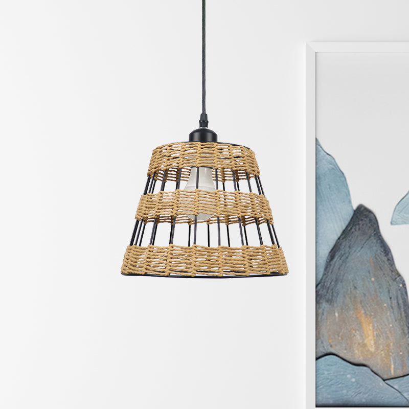 Asian Style Cone Hanging Light Fixture Metal and Rattan 1/3-Head Restaurant Pendant Lamp in Beige Clearhalo 'Ceiling Lights' 'Pendant Lights' 'Pendants' Lighting' 613480