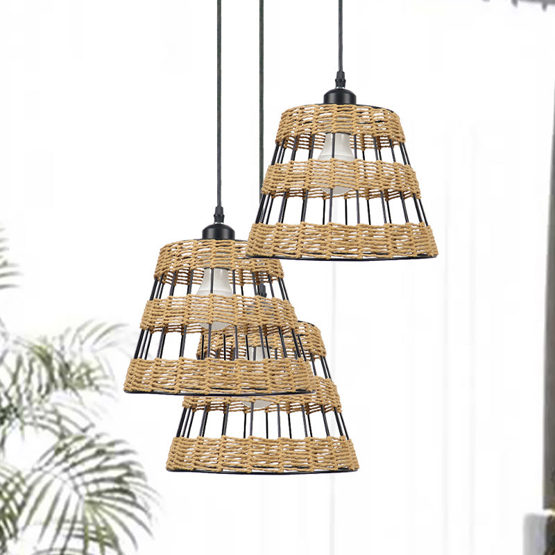 Asian Style Cone Hanging Light Fixture Metal and Rattan 1/3-Head Restaurant Pendant Lamp in Beige Clearhalo 'Ceiling Lights' 'Pendant Lights' 'Pendants' Lighting' 613484