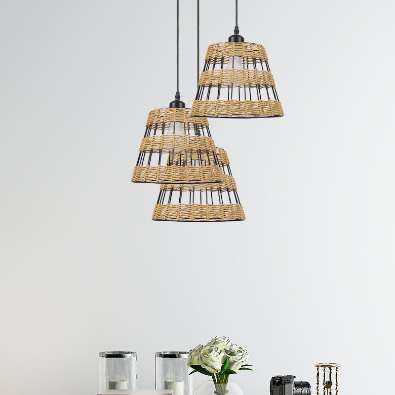 Asian Style Cone Hanging Light Fixture Metal and Rattan 1/3-Head Restaurant Pendant Lamp in Beige Clearhalo 'Ceiling Lights' 'Pendant Lights' 'Pendants' Lighting' 613486