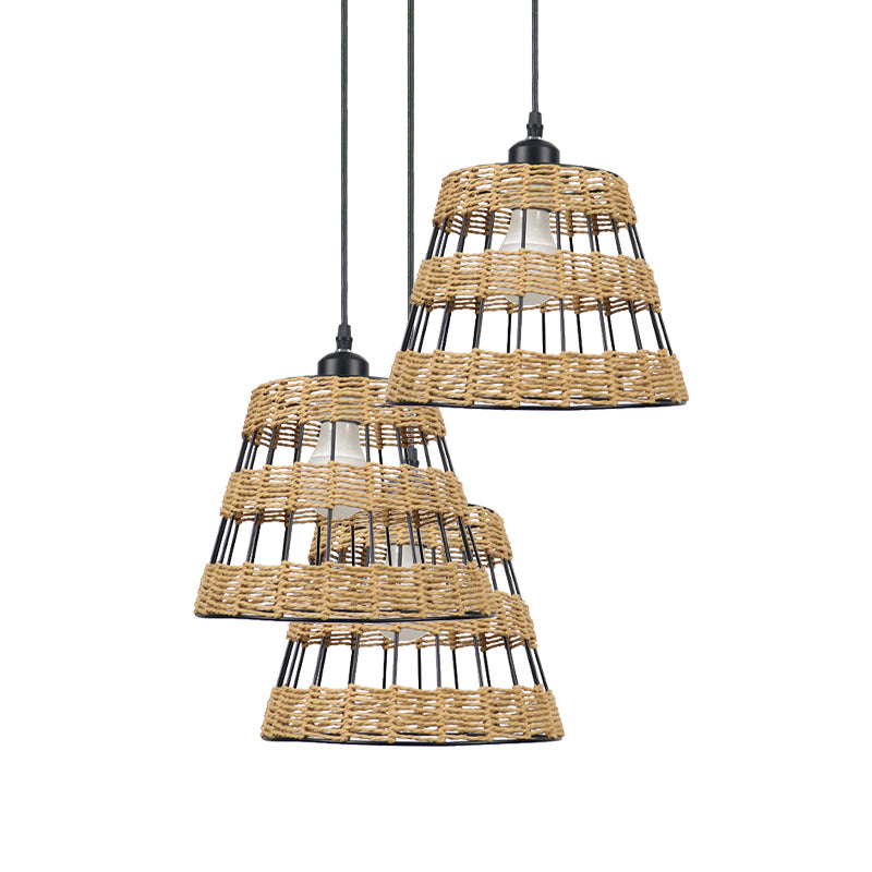 Asian Style Cone Hanging Light Fixture Metal and Rattan 1/3-Head Restaurant Pendant Lamp in Beige Clearhalo 'Ceiling Lights' 'Pendant Lights' 'Pendants' Lighting' 613487