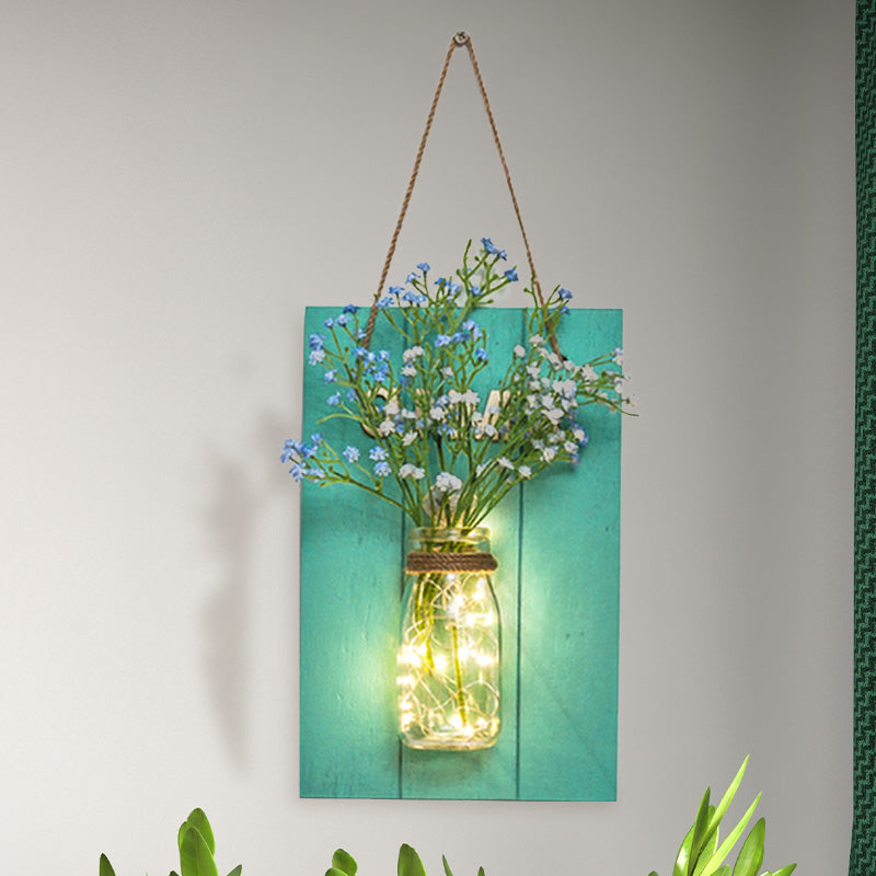 Floral String Light with Blue Wood Backplate Modern Glass Jar Wall Light for Cafe Restaurant Aqua Gypsophila Clearhalo 'Wall Lamps & Sconces' 'Wall Lights' Lighting' 613552