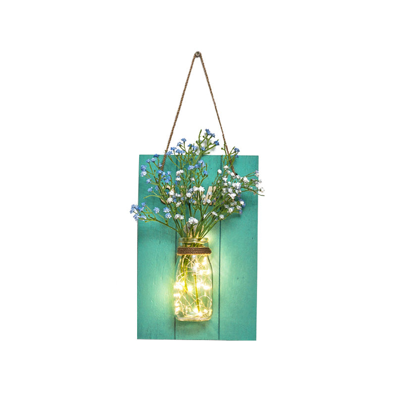 Floral String Light with Blue Wood Backplate Modern Glass Jar Wall Light for Cafe Restaurant Clearhalo 'Wall Lamps & Sconces' 'Wall Lights' Lighting' 613555