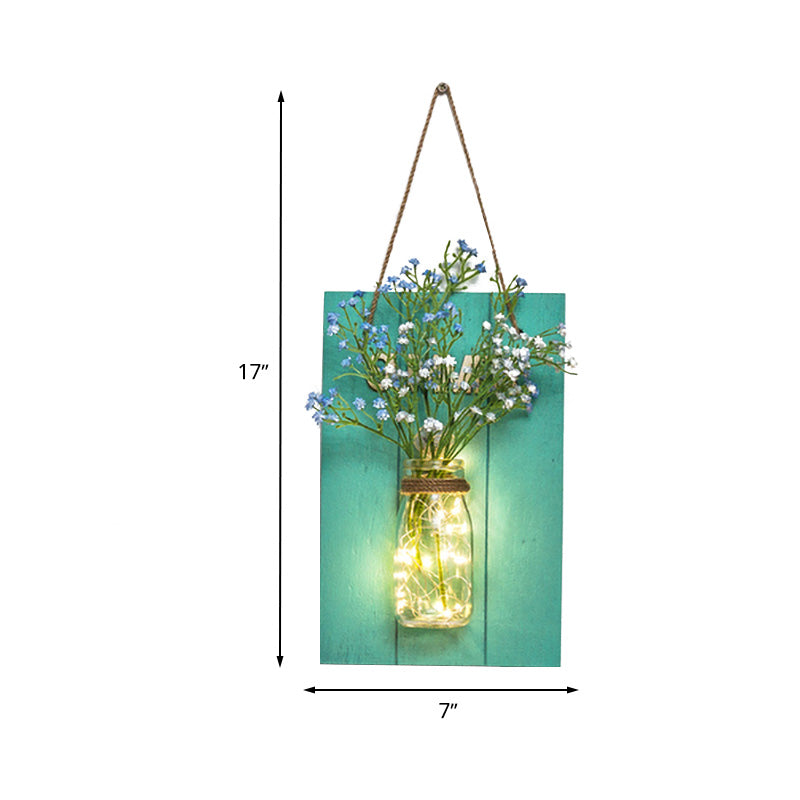 Floral String Light with Blue Wood Backplate Modern Glass Jar Wall Light for Cafe Restaurant Clearhalo 'Wall Lamps & Sconces' 'Wall Lights' Lighting' 613556