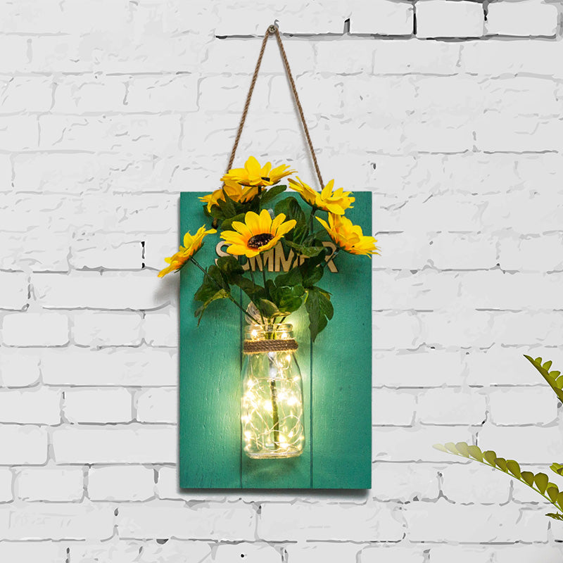 Floral String Light with Blue Wood Backplate Modern Glass Jar Wall Light for Cafe Restaurant Clearhalo 'Wall Lamps & Sconces' 'Wall Lights' Lighting' 613558