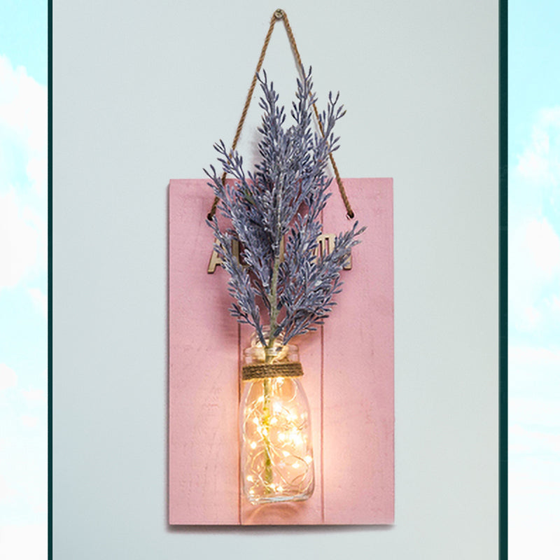 Pink Flower/Branch Wall String Light Rustic Glass Jar Twinkle Light for Cafe Restaurant Pink Branch Clearhalo 'Wall Lamps & Sconces' 'Wall Lights' Lighting' 613593