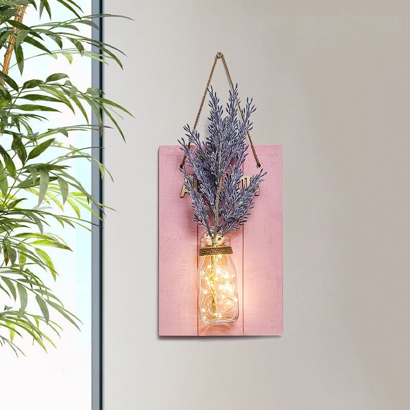 Pink Flower/Branch Wall String Light Rustic Glass Jar Twinkle Light for Cafe Restaurant Clearhalo 'Wall Lamps & Sconces' 'Wall Lights' Lighting' 613594