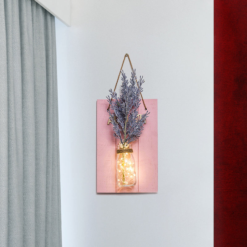 Pink Flower/Branch Wall String Light Rustic Glass Jar Twinkle Light for Cafe Restaurant Clearhalo 'Wall Lamps & Sconces' 'Wall Lights' Lighting' 613595