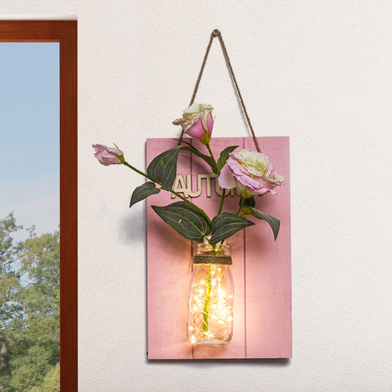 Pink Flower/Branch Wall String Light Rustic Glass Jar Twinkle Light for Cafe Restaurant Pink Balloon Flower Clearhalo 'Wall Lamps & Sconces' 'Wall Lights' Lighting' 613598