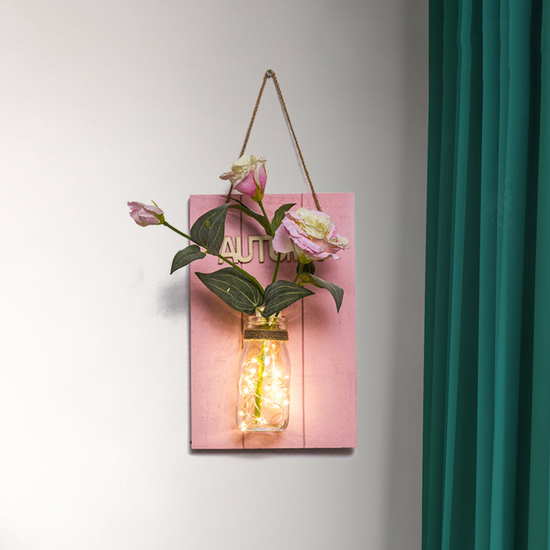 Pink Flower/Branch Wall String Light Rustic Glass Jar Twinkle Light for Cafe Restaurant Clearhalo 'Wall Lamps & Sconces' 'Wall Lights' Lighting' 613599