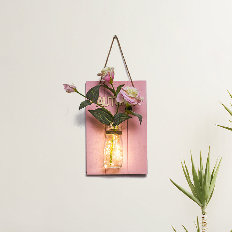 Pink Flower/Branch Wall String Light Rustic Glass Jar Twinkle Light for Cafe Restaurant Clearhalo 'Wall Lamps & Sconces' 'Wall Lights' Lighting' 613600