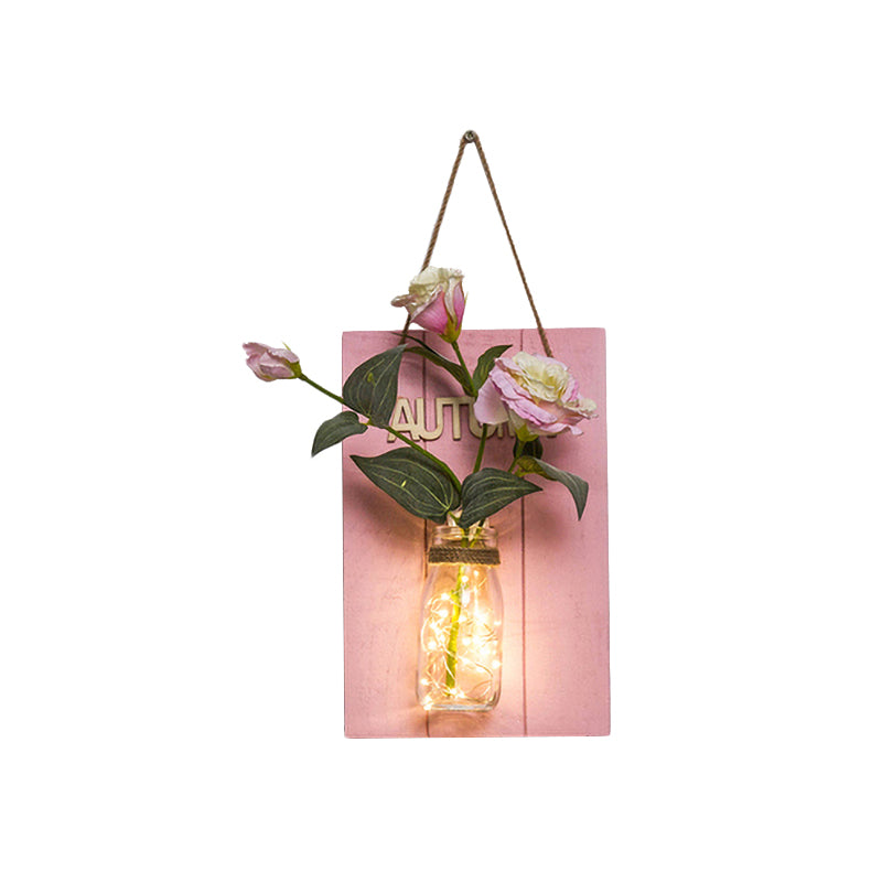 Pink Flower/Branch Wall String Light Rustic Glass Jar Twinkle Light for Cafe Restaurant Clearhalo 'Wall Lamps & Sconces' 'Wall Lights' Lighting' 613601