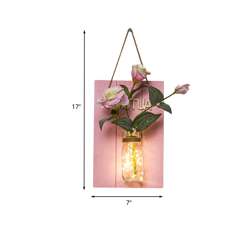 Pink Flower/Branch Wall String Light Rustic Glass Jar Twinkle Light for Cafe Restaurant Clearhalo 'Wall Lamps & Sconces' 'Wall Lights' Lighting' 613602