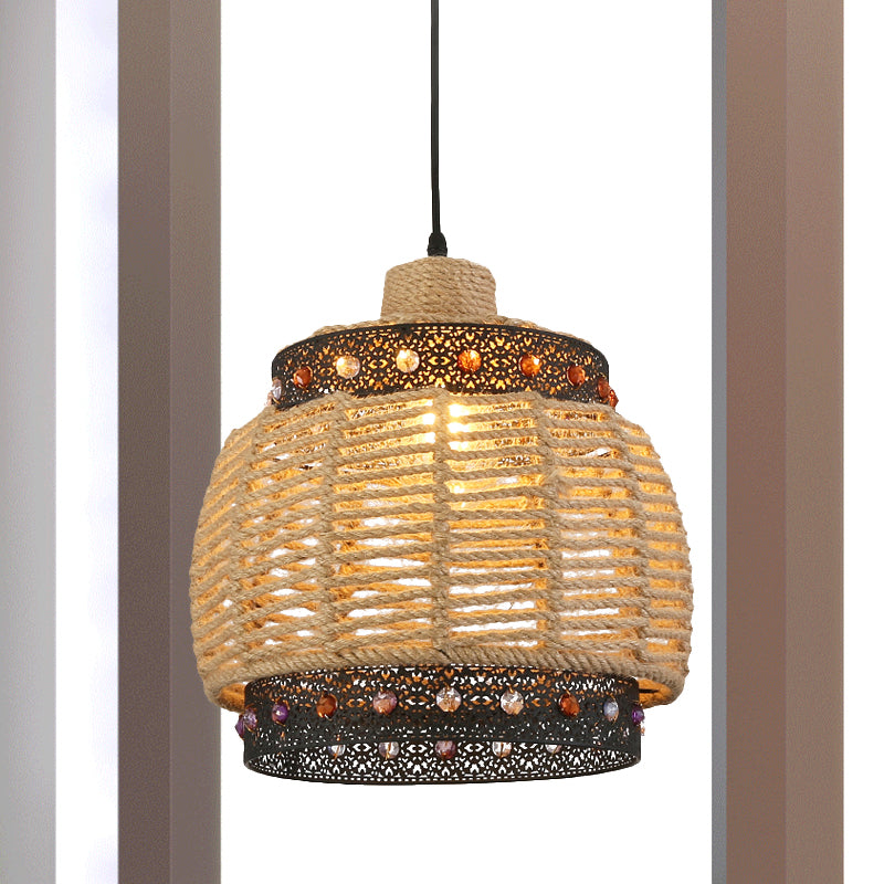 Beige Hand Woven Pendant Lighting Countryside 1 Light Rope and Metal Hanging Lamp with Jewels Accent Clearhalo 'Ceiling Lights' 'Pendant Lights' 'Pendants' Lighting' 613603