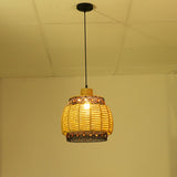 Beige Hand Woven Pendant Lighting Countryside 1 Light Rope and Metal Hanging Lamp with Jewels Accent Clearhalo 'Ceiling Lights' 'Pendant Lights' 'Pendants' Lighting' 613604