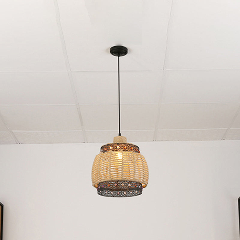 Beige Hand Woven Pendant Lighting Countryside 1 Light Rope and Metal Hanging Lamp with Jewels Accent Clearhalo 'Ceiling Lights' 'Pendant Lights' 'Pendants' Lighting' 613605