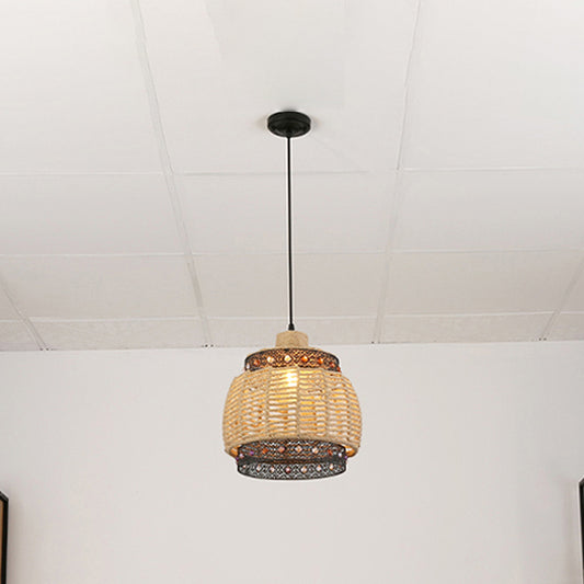 Beige Hand Woven Pendant Lighting Countryside 1 Light Rope and Metal Hanging Lamp with Jewels Accent Clearhalo 'Ceiling Lights' 'Pendant Lights' 'Pendants' Lighting' 613605