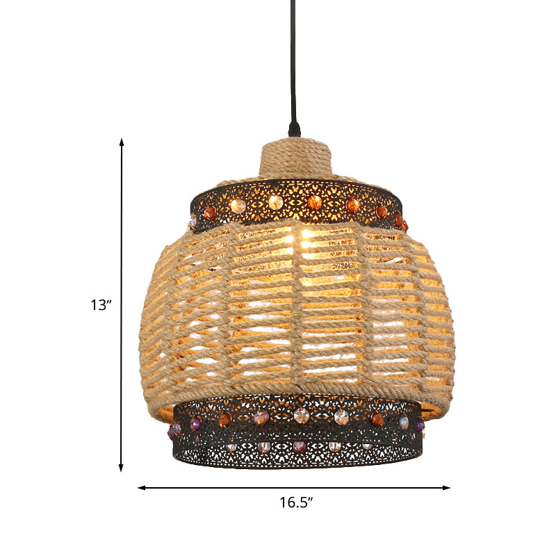 Beige Hand Woven Pendant Lighting Countryside 1 Light Rope and Metal Hanging Lamp with Jewels Accent Clearhalo 'Ceiling Lights' 'Pendant Lights' 'Pendants' Lighting' 613607