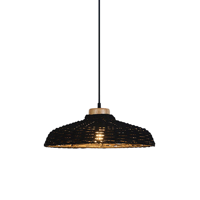 Beige/Black Barn Shade Pendant Lamp Asian Style 1 Light Rattan Height Adjustable Hanging Ceiling Light, 12.5"/18" W Clearhalo 'Ceiling Lights' 'Pendant Lights' 'Pendants' Lighting' 613611