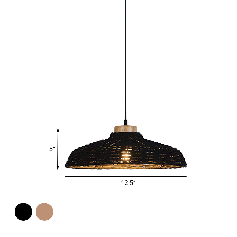 Beige/Black Barn Shade Pendant Lamp Asian Style 1 Light Rattan Height Adjustable Hanging Ceiling Light, 12.5"/18" W Clearhalo 'Ceiling Lights' 'Pendant Lights' 'Pendants' Lighting' 613612