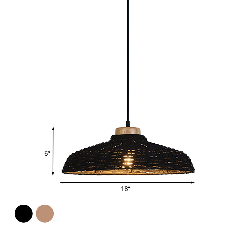 Beige/Black Barn Shade Pendant Lamp Asian Style 1 Light Rattan Height Adjustable Hanging Ceiling Light, 12.5"/18" W Clearhalo 'Ceiling Lights' 'Pendant Lights' 'Pendants' Lighting' 613613