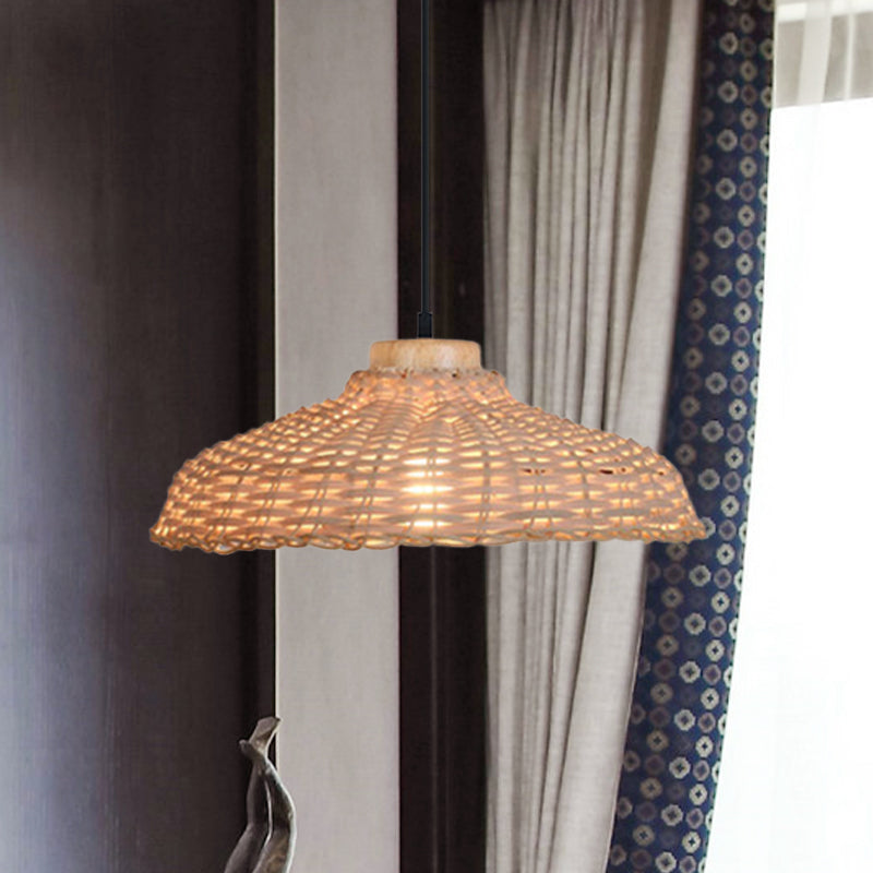 Beige/Black Barn Shade Pendant Lamp Asian Style 1 Light Rattan Height Adjustable Hanging Ceiling Light, 12.5"/18" W Clearhalo 'Ceiling Lights' 'Pendant Lights' 'Pendants' Lighting' 613614