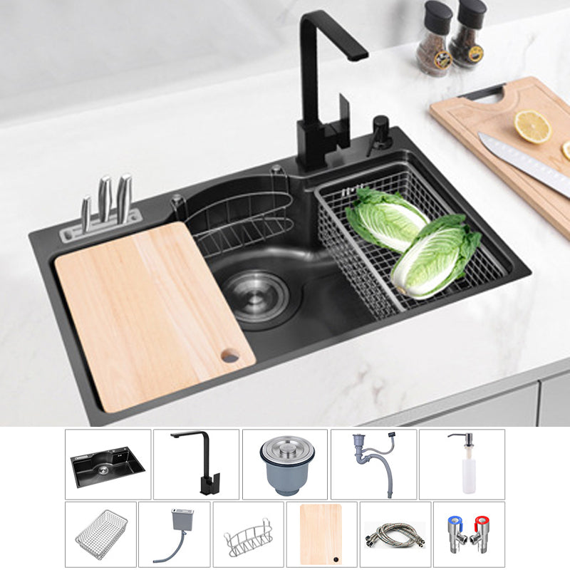 Stainless Steel 31" X 19" Kitchen Sink Single Bowl Drop-in Sink in Chrome and Black Black Sink with Faucet Square Faucet Clearhalo 'Home Improvement' 'home_improvement' 'home_improvement_kitchen_sinks' 'Kitchen Remodel & Kitchen Fixtures' 'Kitchen Sinks & Faucet Components' 'Kitchen Sinks' 'kitchen_sinks' 6140139