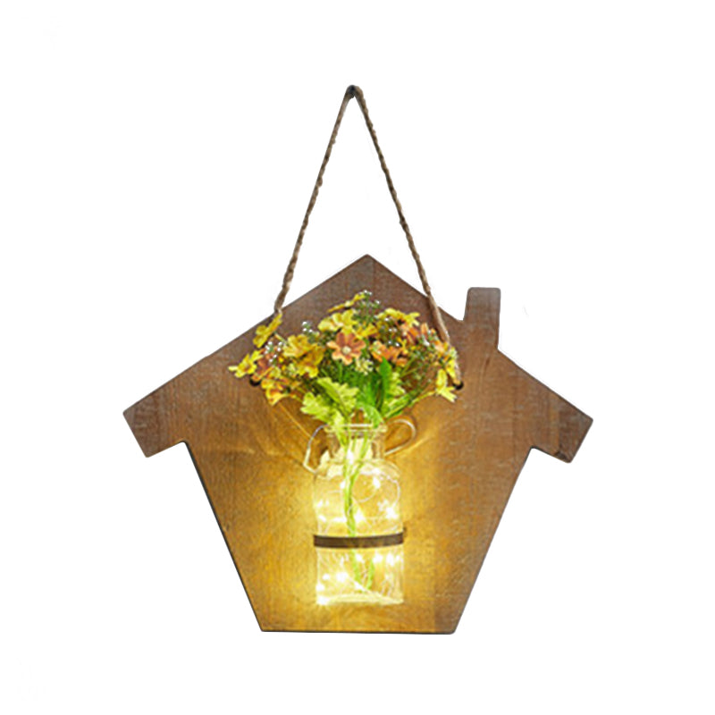 Wooden House Shaped Wall Light Modern Flower/Plant Accent String Light for Cafe Tea Shop Clearhalo 'Wall Lamps & Sconces' 'Wall Lights' Lighting' 614239