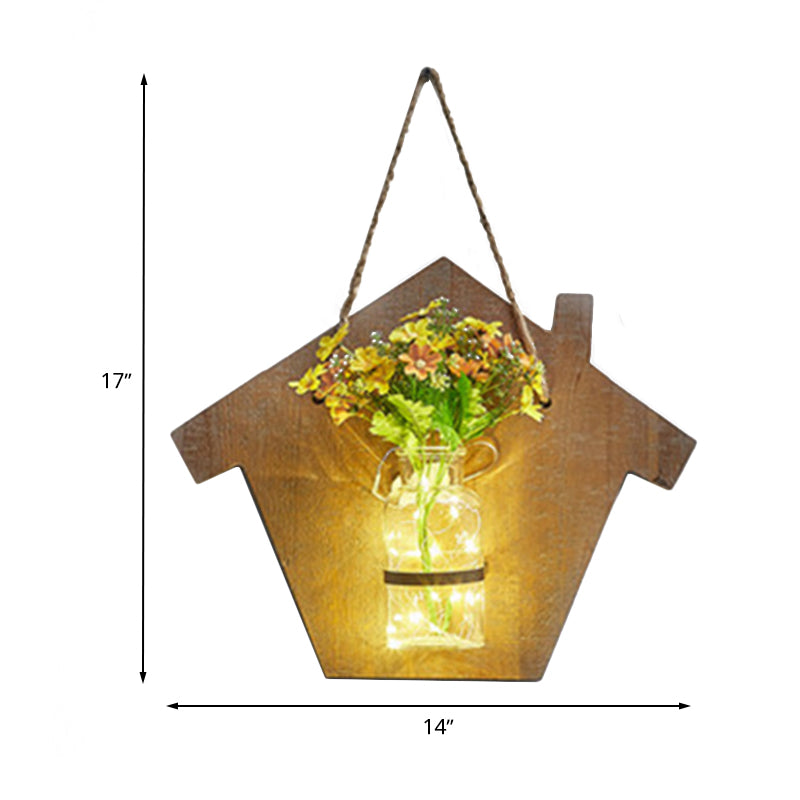 Wooden House Shaped Wall Light Modern Flower/Plant Accent String Light for Cafe Tea Shop Clearhalo 'Wall Lamps & Sconces' 'Wall Lights' Lighting' 614240