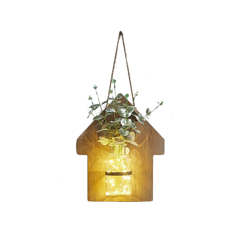 Wooden House Shaped Wall Light Modern Flower/Plant Accent String Light for Cafe Tea Shop Clearhalo 'Wall Lamps & Sconces' 'Wall Lights' Lighting' 614244