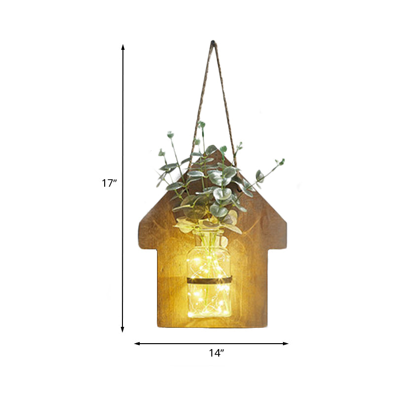 Wooden House Shaped Wall Light Modern Flower/Plant Accent String Light for Cafe Tea Shop Clearhalo 'Wall Lamps & Sconces' 'Wall Lights' Lighting' 614245