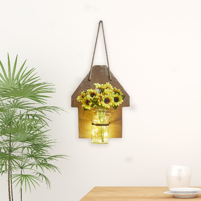 Wooden House Shaped Wall Light Modern Flower/Plant Accent String Light for Cafe Tea Shop Clearhalo 'Wall Lamps & Sconces' 'Wall Lights' Lighting' 614253