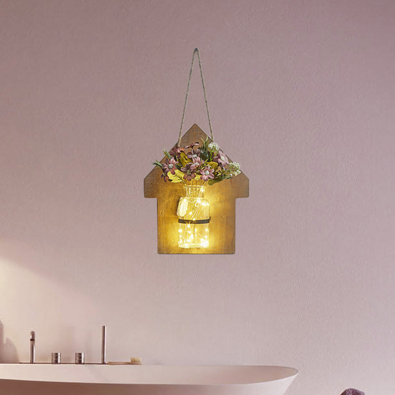 Wooden House Shaped Wall Light Modern Flower/Plant Accent String Light for Cafe Tea Shop Clearhalo 'Wall Lamps & Sconces' 'Wall Lights' Lighting' 614258