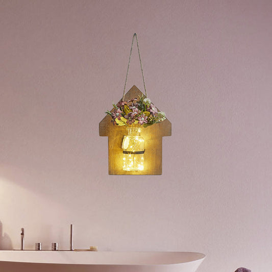 Wooden House Shaped Wall Light Modern Flower/Plant Accent String Light for Cafe Tea Shop Clearhalo 'Wall Lamps & Sconces' 'Wall Lights' Lighting' 614258