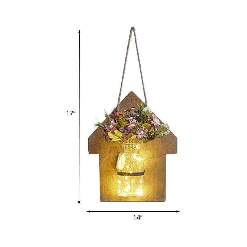 Wooden House Shaped Wall Light Modern Flower/Plant Accent String Light for Cafe Tea Shop Clearhalo 'Wall Lamps & Sconces' 'Wall Lights' Lighting' 614260