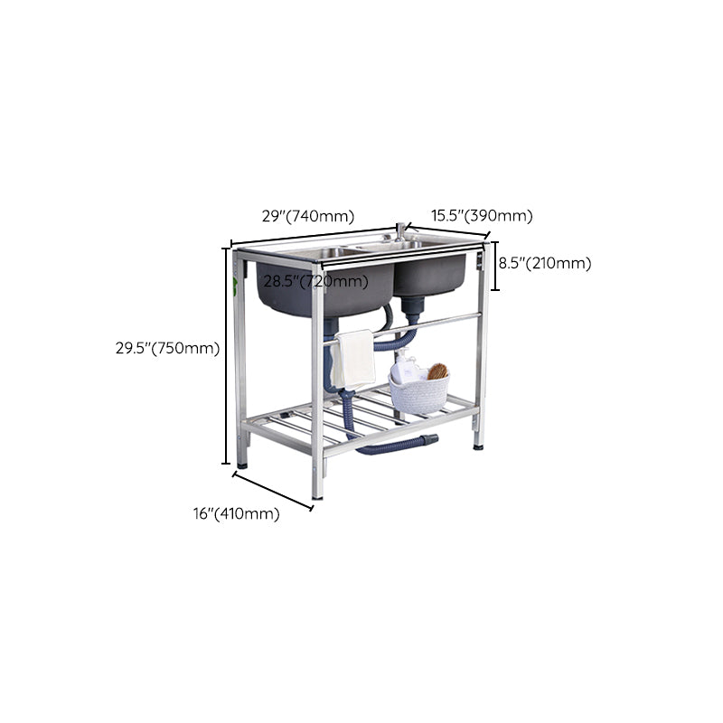 2-Bowl Sink Stainless Steel Kitchen Sink with Drain Assembly and Base Clearhalo 'Home Improvement' 'home_improvement' 'home_improvement_kitchen_sinks' 'Kitchen Remodel & Kitchen Fixtures' 'Kitchen Sinks & Faucet Components' 'Kitchen Sinks' 'kitchen_sinks' 6150025