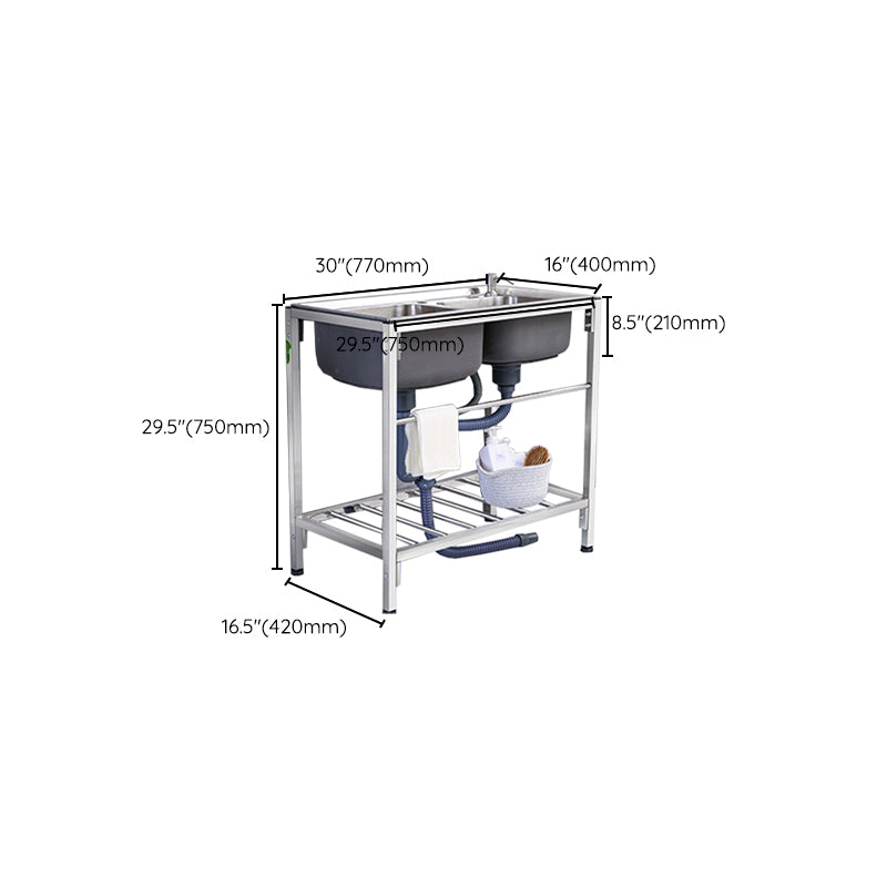 2-Bowl Sink Stainless Steel Kitchen Sink with Drain Assembly and Base Clearhalo 'Home Improvement' 'home_improvement' 'home_improvement_kitchen_sinks' 'Kitchen Remodel & Kitchen Fixtures' 'Kitchen Sinks & Faucet Components' 'Kitchen Sinks' 'kitchen_sinks' 6150026