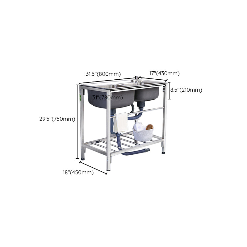 2-Bowl Sink Stainless Steel Kitchen Sink with Drain Assembly and Base Clearhalo 'Home Improvement' 'home_improvement' 'home_improvement_kitchen_sinks' 'Kitchen Remodel & Kitchen Fixtures' 'Kitchen Sinks & Faucet Components' 'Kitchen Sinks' 'kitchen_sinks' 6150027