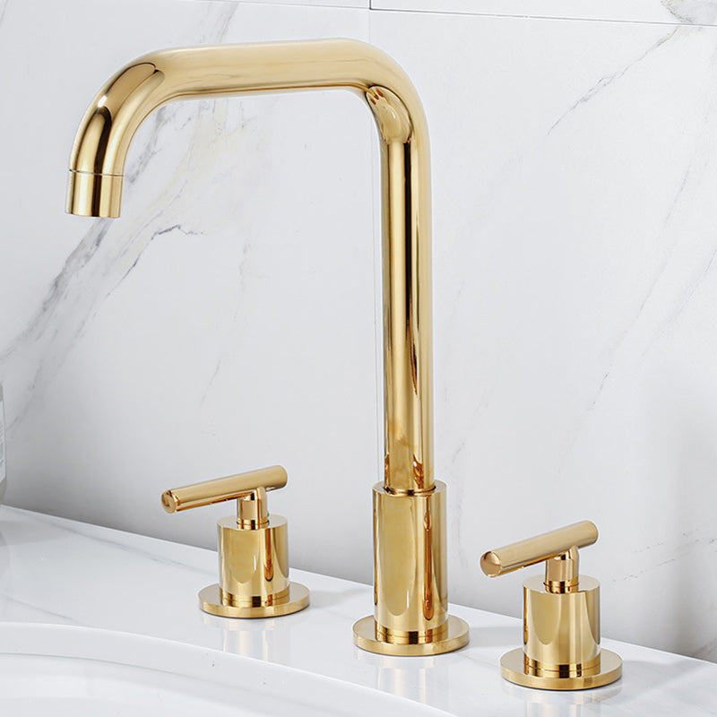 Modern 2-Handle Bathroom Sink Faucet 3 Hole Widespread Bathroom Faucet Gold 7 Shape Clearhalo 'Bathroom Remodel & Bathroom Fixtures' 'Bathroom Sink Faucets' 'Bathroom Sinks & Faucet Components' 'bathroom_sink_faucets' 'Home Improvement' 'home_improvement' 'home_improvement_bathroom_sink_faucets' 6154686