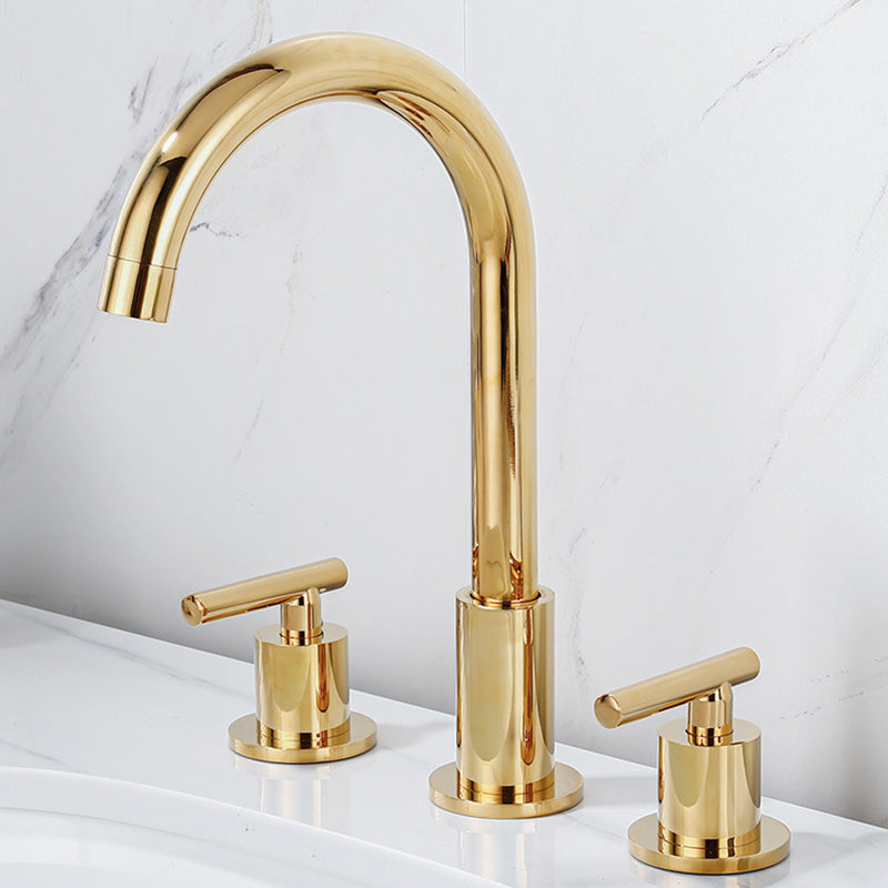 Modern 2-Handle Bathroom Sink Faucet 3 Hole Widespread Bathroom Faucet Gold Elbow Outlet Clearhalo 'Bathroom Remodel & Bathroom Fixtures' 'Bathroom Sink Faucets' 'Bathroom Sinks & Faucet Components' 'bathroom_sink_faucets' 'Home Improvement' 'home_improvement' 'home_improvement_bathroom_sink_faucets' 6154687