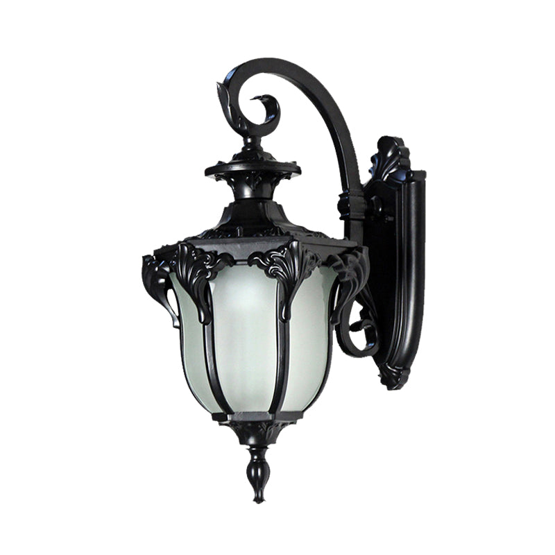 Acorn Outdoor Sconce Light Fixture Lodges White Glass 1 Light Black/Brass Finish Wall Lamp with Swirl Arm Clearhalo 'Wall Lamps & Sconces' 'Wall Lights' Lighting' 615495