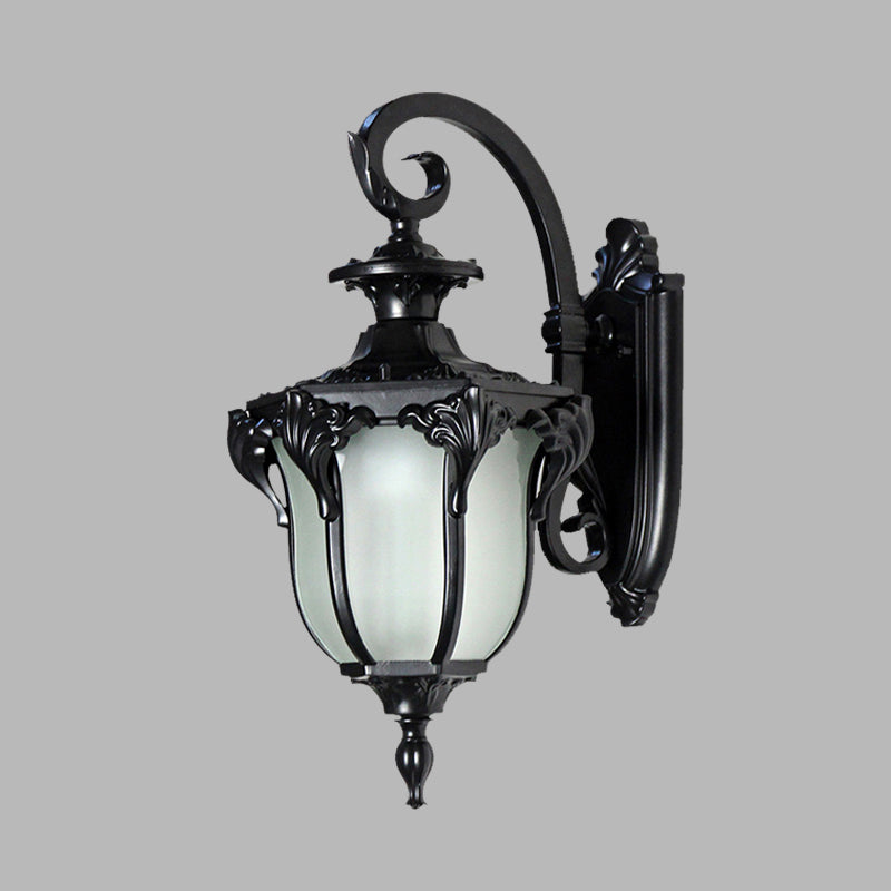 Acorn Outdoor Sconce Light Fixture Lodges White Glass 1 Light Black/Brass Finish Wall Lamp with Swirl Arm Clearhalo 'Wall Lamps & Sconces' 'Wall Lights' Lighting' 615496