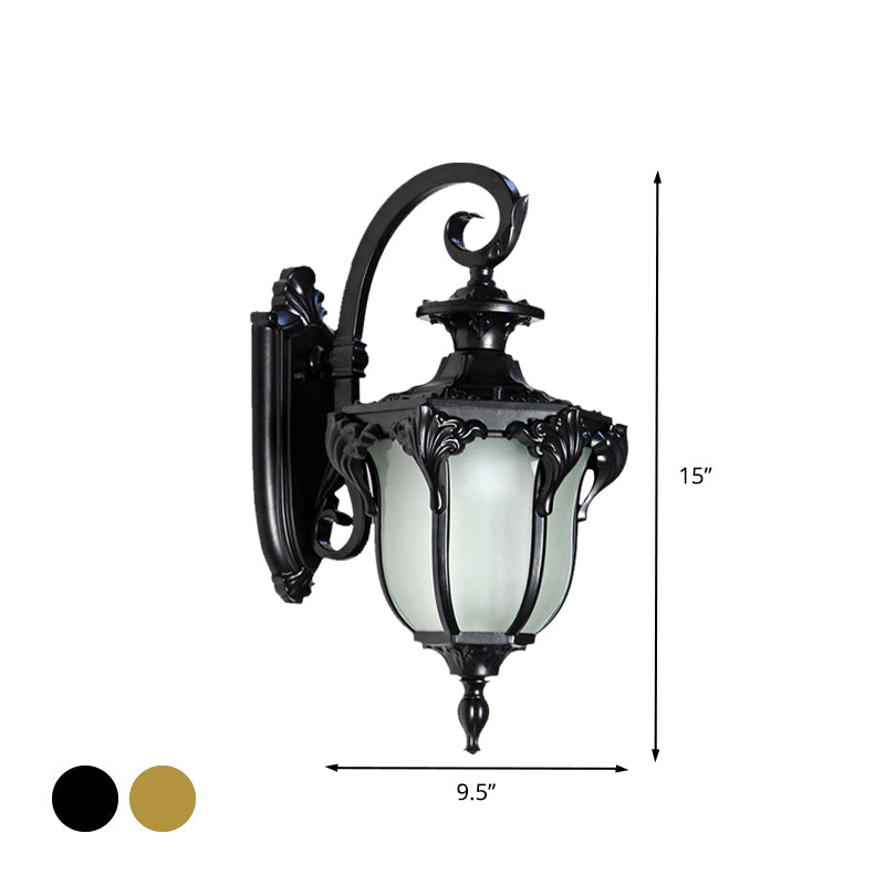 Acorn Outdoor Sconce Light Fixture Lodges White Glass 1 Light Black/Brass Finish Wall Lamp with Swirl Arm Clearhalo 'Wall Lamps & Sconces' 'Wall Lights' Lighting' 615497