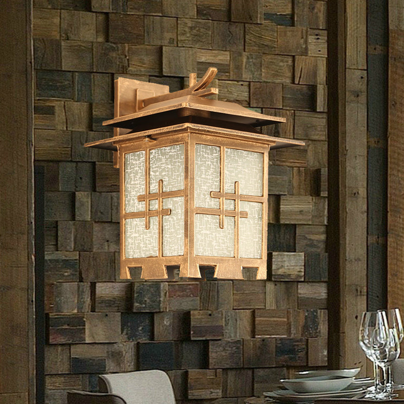 1 Light Sconce Light Fixture Farmhouse Outdoor Wall Lamp with Square Textured Glass Shade in Brass/Black Clearhalo 'Wall Lamps & Sconces' 'Wall Lights' Lighting' 615533