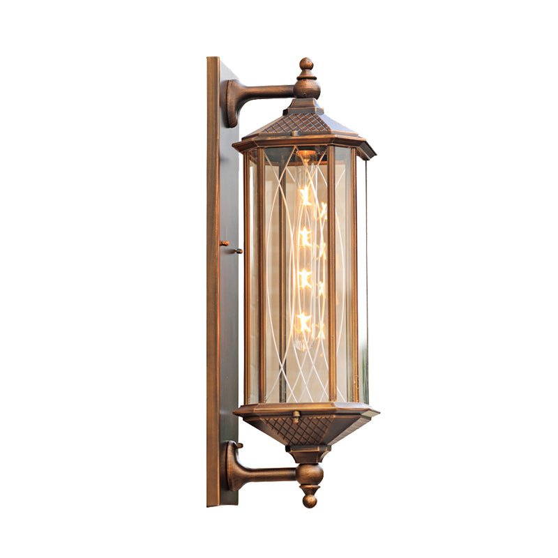 Lodges Rectangle Wall Sconce 1-Head Clear Glass Wall Mounted Lighting in Brass with Double Arm Clearhalo 'Wall Lamps & Sconces' 'Wall Lights' Lighting' 615537