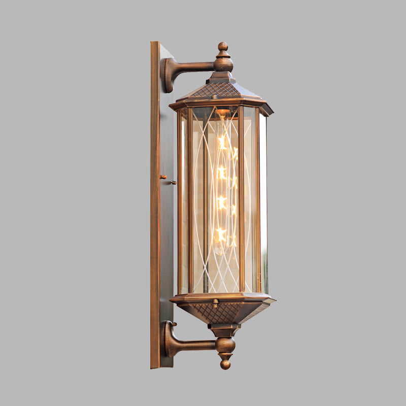 Lodges Rectangle Wall Sconce 1-Head Clear Glass Wall Mounted Lighting in Brass with Double Arm Clearhalo 'Wall Lamps & Sconces' 'Wall Lights' Lighting' 615538