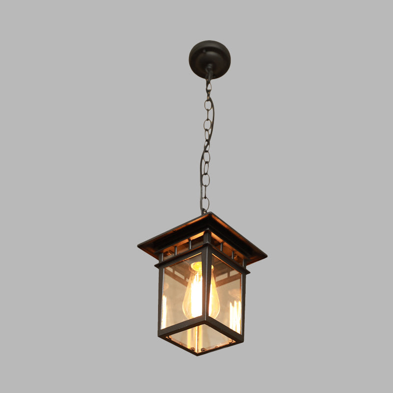 1 Head Lantern Pendant Light Farmhouse Brass/Black Finish Clear Glass Ceiling Hang Fixture for Passage Clearhalo 'Ceiling Lights' 'Glass shade' 'Glass' 'Pendant Lights' 'Pendants' Lighting' 615559