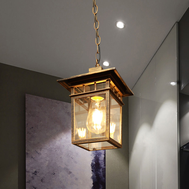 1 Head Lantern Pendant Light Farmhouse Brass/Black Finish Clear Glass Ceiling Hang Fixture for Passage Clearhalo 'Ceiling Lights' 'Glass shade' 'Glass' 'Pendant Lights' 'Pendants' Lighting' 615562